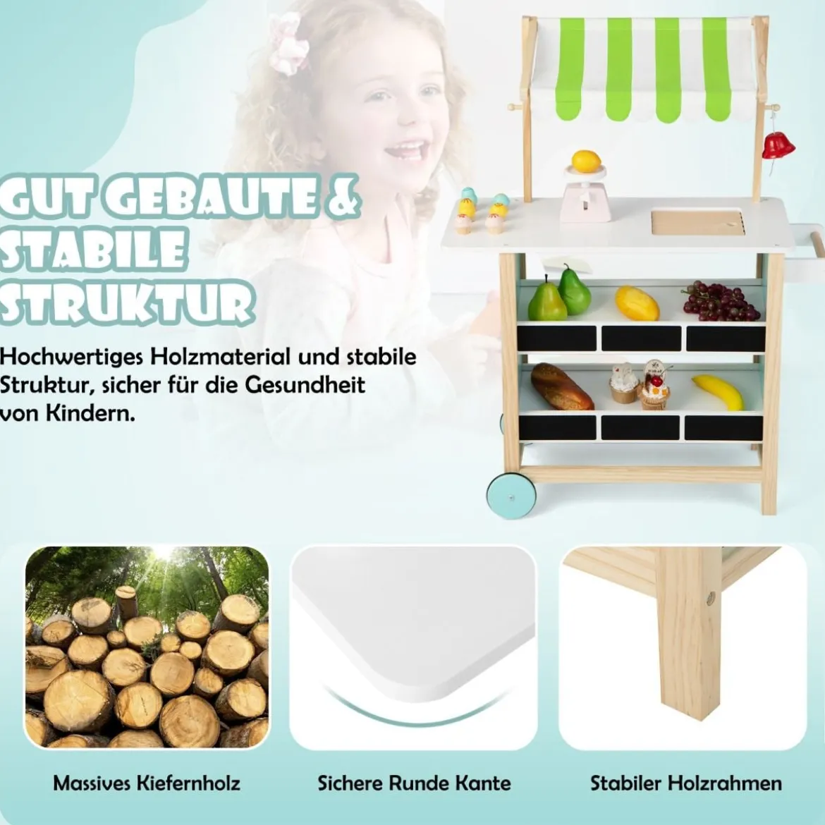 Holz Kinder Eiswagen mit 6 Eiscreme & 2 Ablagen & Waage & Glocke Kaufladen Grün