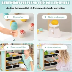 Holz Kinder Eiswagen mit 6 Eiscreme & 2 Ablagen & Waage & Glocke Kaufladen Grün