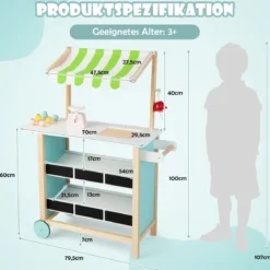Holz Kinder Eiswagen mit 6 Eiscreme & 2 Ablagen & Waage & Glocke Kaufladen Grün