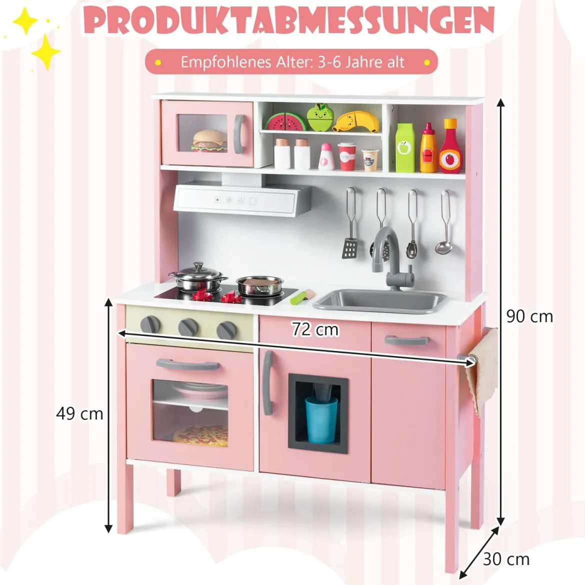 Holz Kinderküche inkl. 18 Zubehör Spielküche mit Spüle & Mikrowelle Spielzeugküche