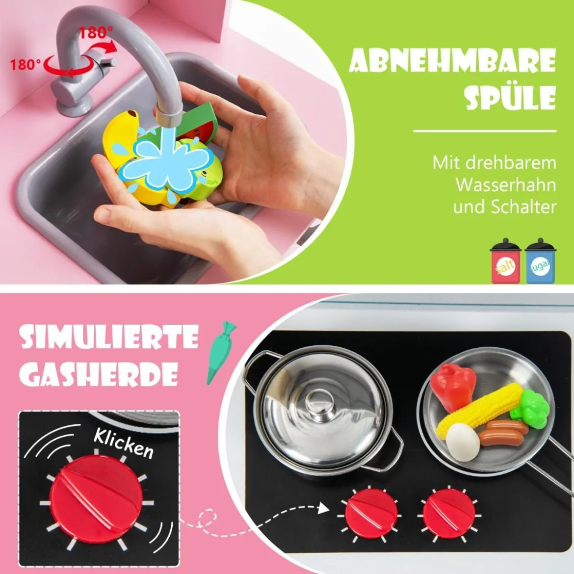Holz Kinderküche inkl. 18 Zubehör Spielküche mit Spüle & Mikrowelle Spielzeugküche