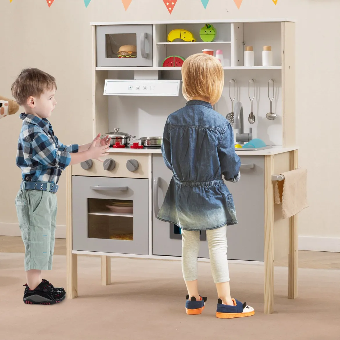Holz Kinderküche inkl. 18 Zubehör Spielküche mit Spüle & Mikrowelle Spielzeugküche