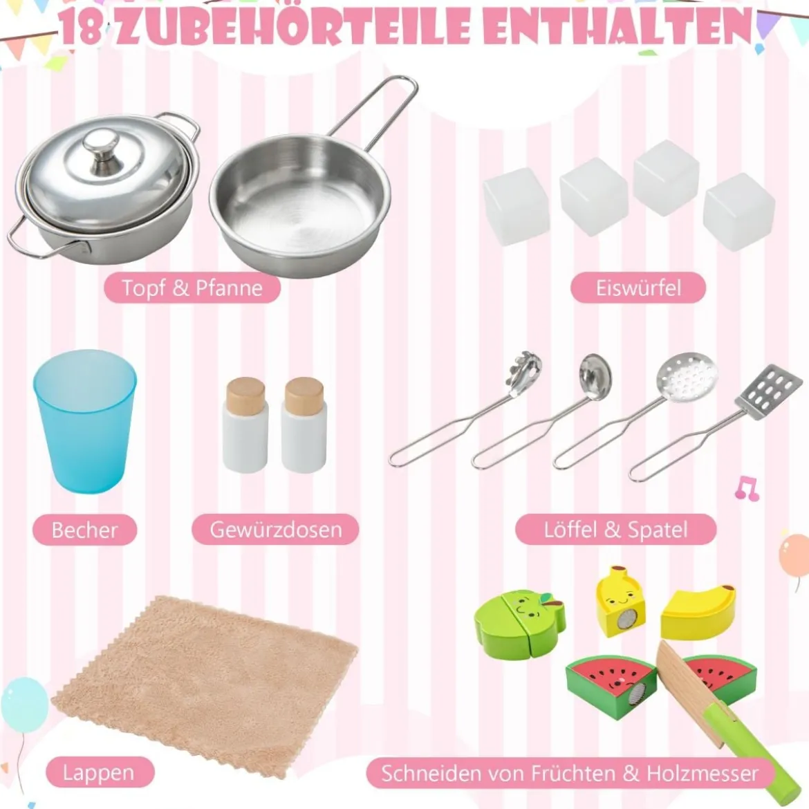 Holz Kinderküche inkl. 18 Zubehör Spielküche mit Spüle & Mikrowelle Spielzeugküche