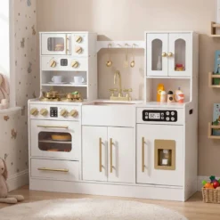 Holz Kinderküche mit Herd & Spüle Holzküche mit Licht & Sound Spielküche inkl. Zubehör Weiß
