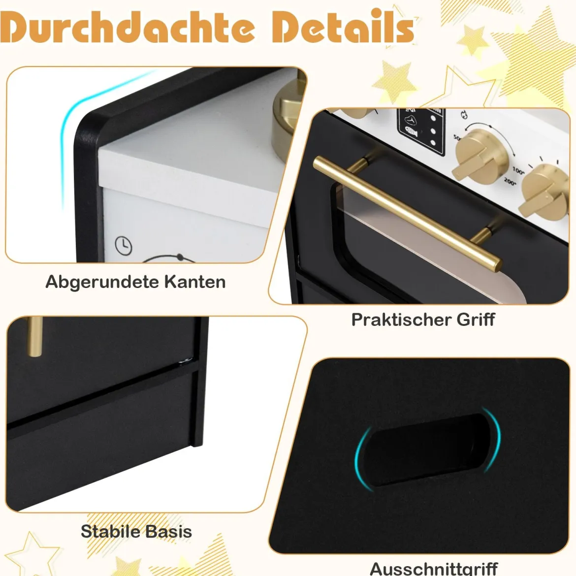 Holz Kinderküche mit Herd & Spüle Holzküche mit Licht & Sound Spielküche inkl. Zubehör Schwarz