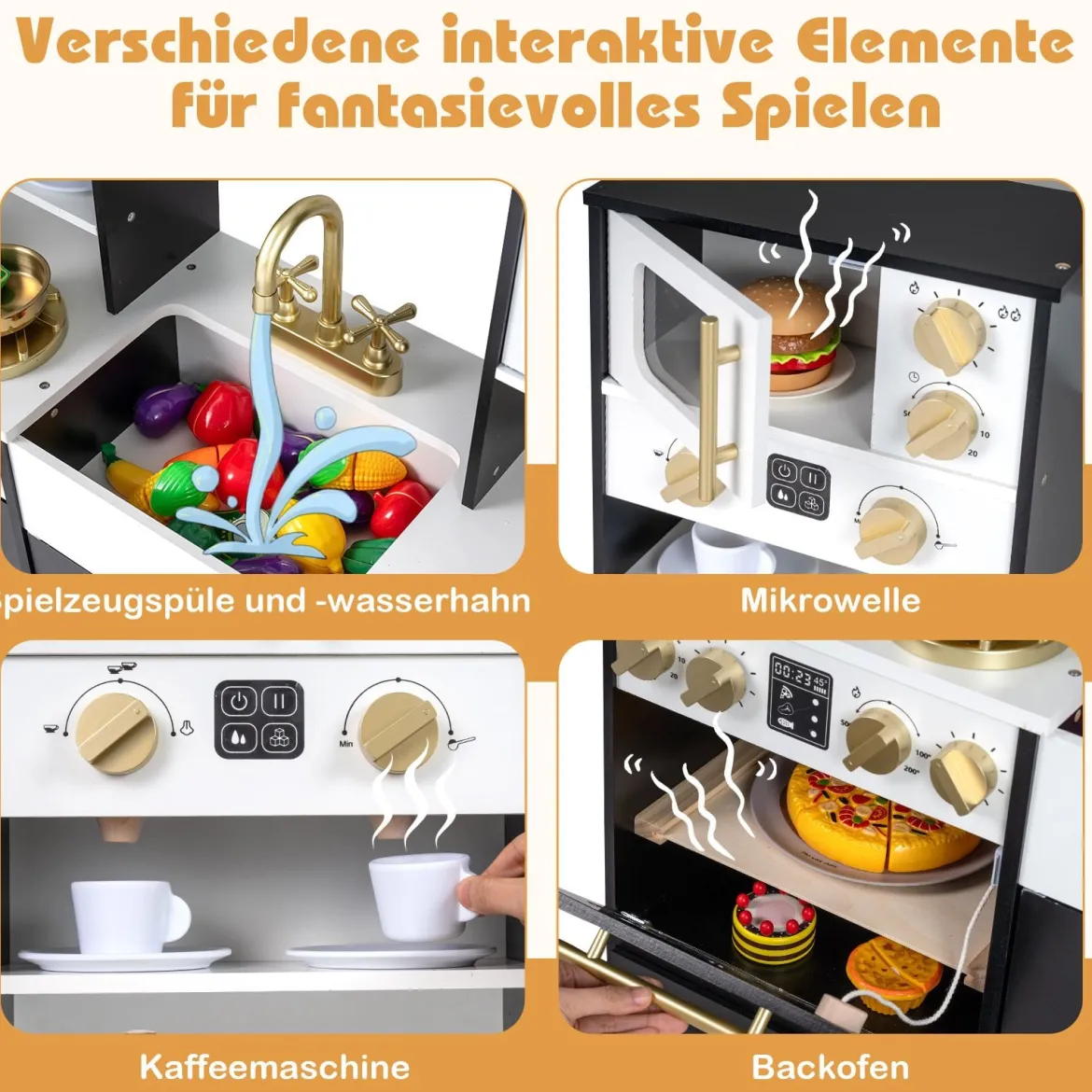 Holz Kinderküche mit Herd & Spüle Holzküche mit Licht & Sound Spielküche inkl. Zubehör Schwarz