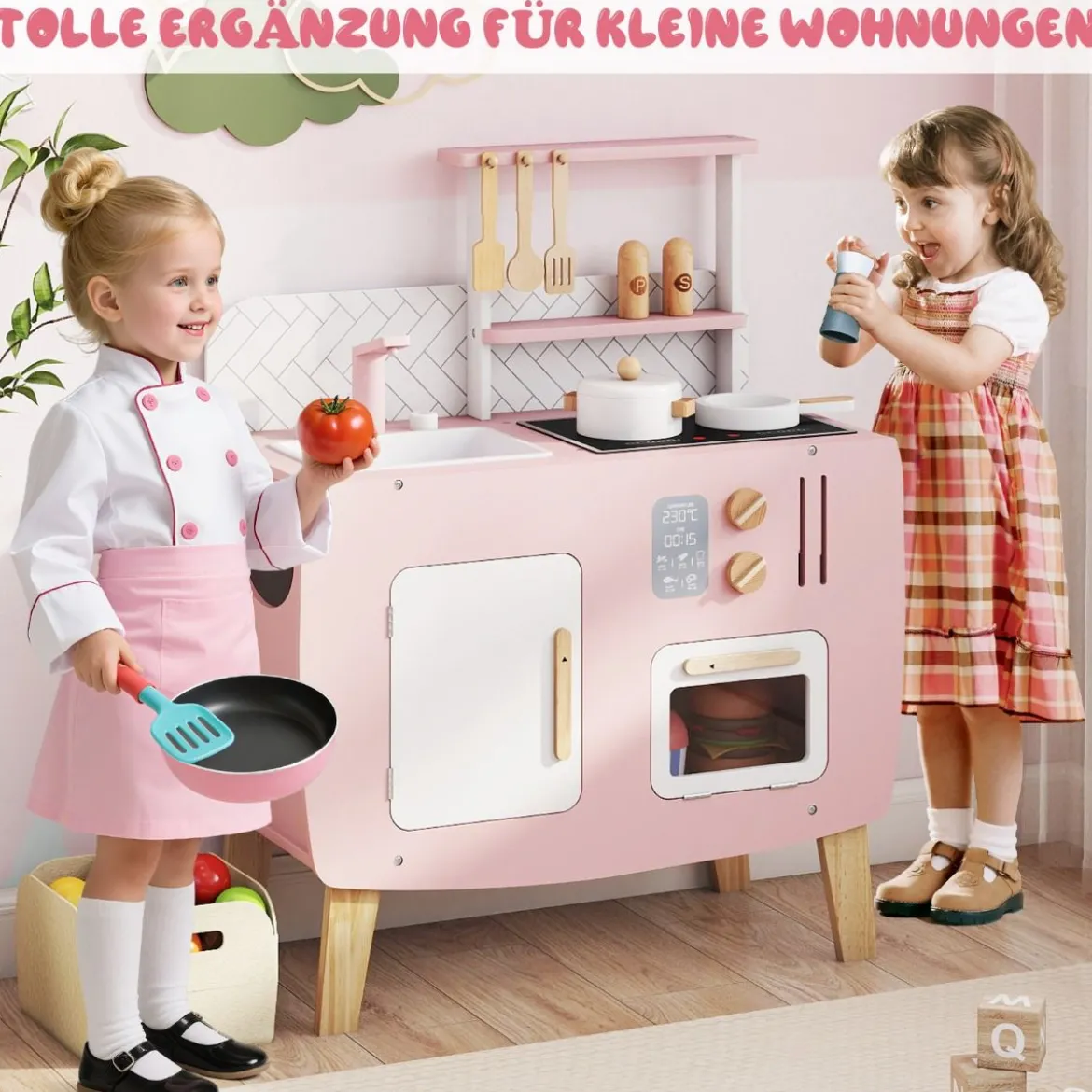 Holz Kinderküche mit Kochgeschirr Holz Spielküche mit Herd & Spüle Küchen Spielset Rosa