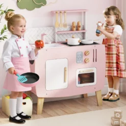 Holz Kinderküche mit Kochgeschirr Holz Spielküche mit Herd & Spüle Küchen Spielset Rosa
