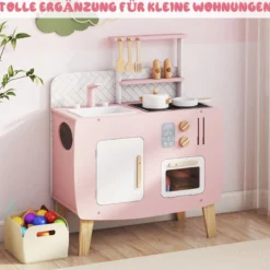 Holz Kinderküche mit Kochgeschirr Holz Spielküche mit Herd & Spüle Küchen Spielset Rosa