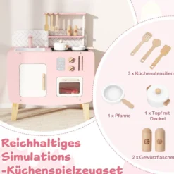 Holz Kinderküche mit Kochgeschirr Holz Spielküche mit Herd & Spüle Küchen Spielset Rosa