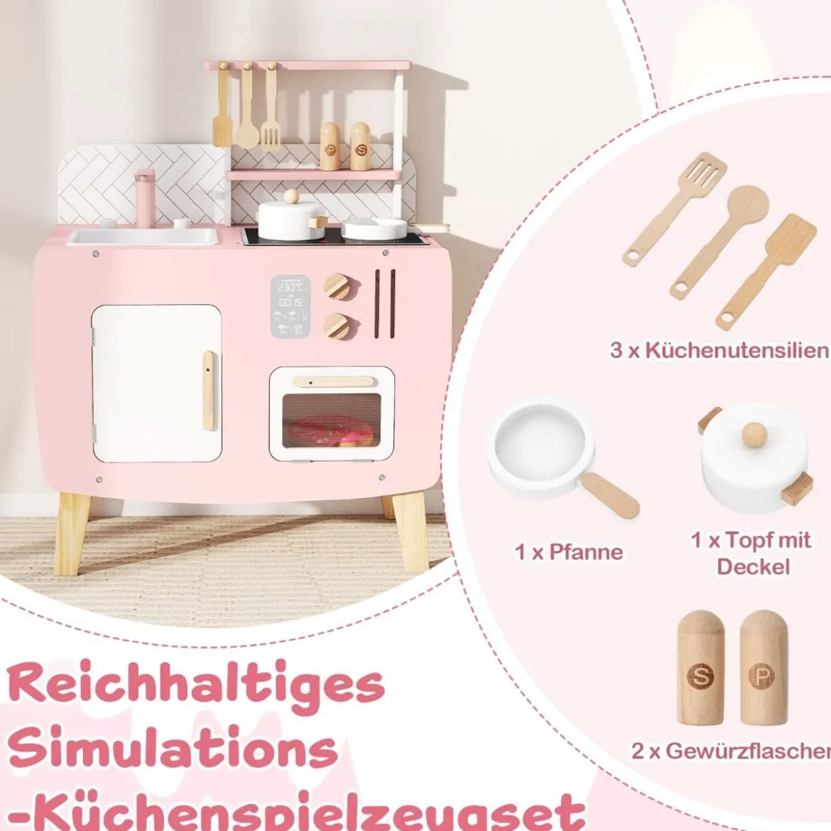 Holz Kinderküche mit Kochgeschirr Holz Spielküche mit Herd & Spüle Küchen Spielset Rosa