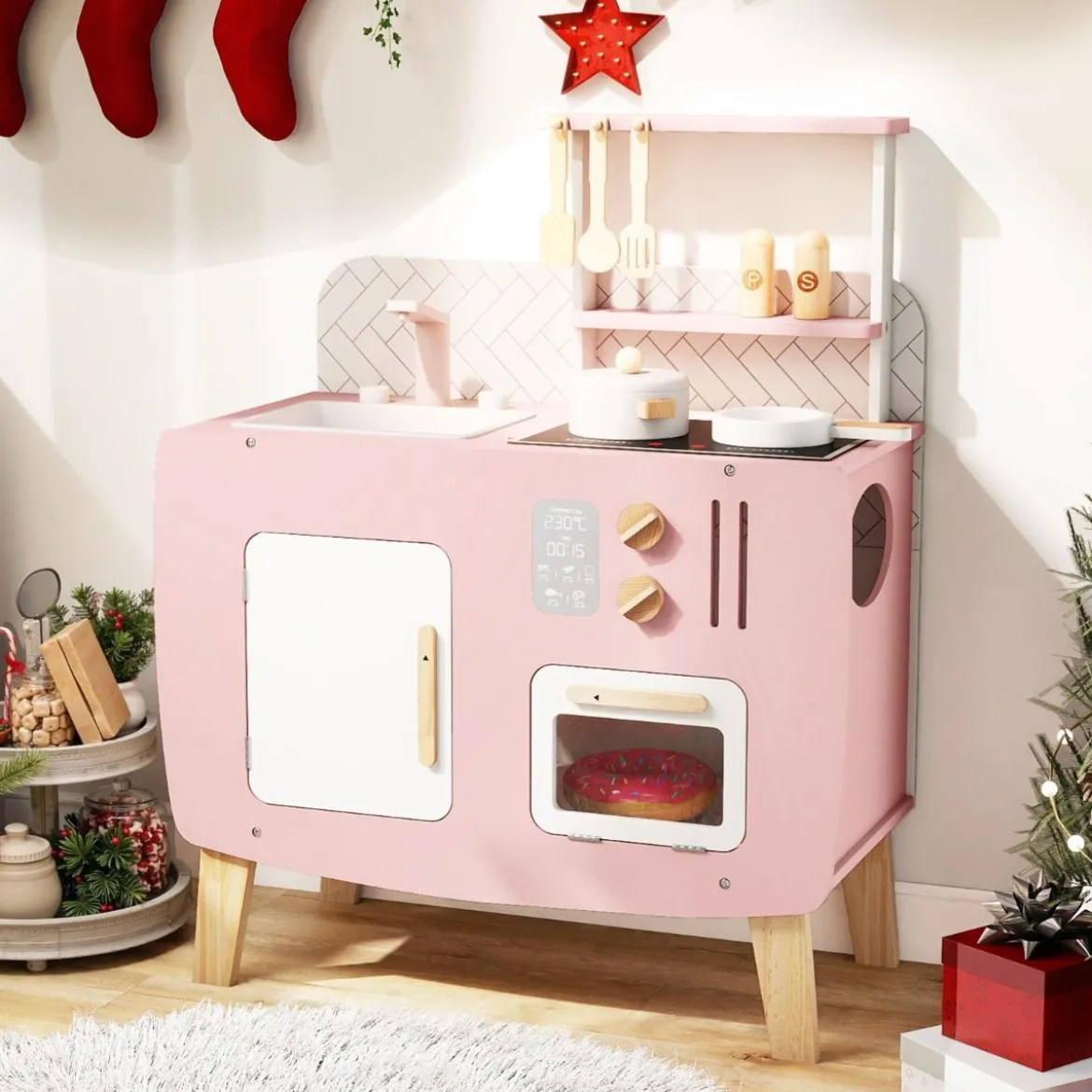 Holz Kinderküche mit Kochgeschirr Holz Spielküche mit Herd & Spüle Küchen Spielset Rosa