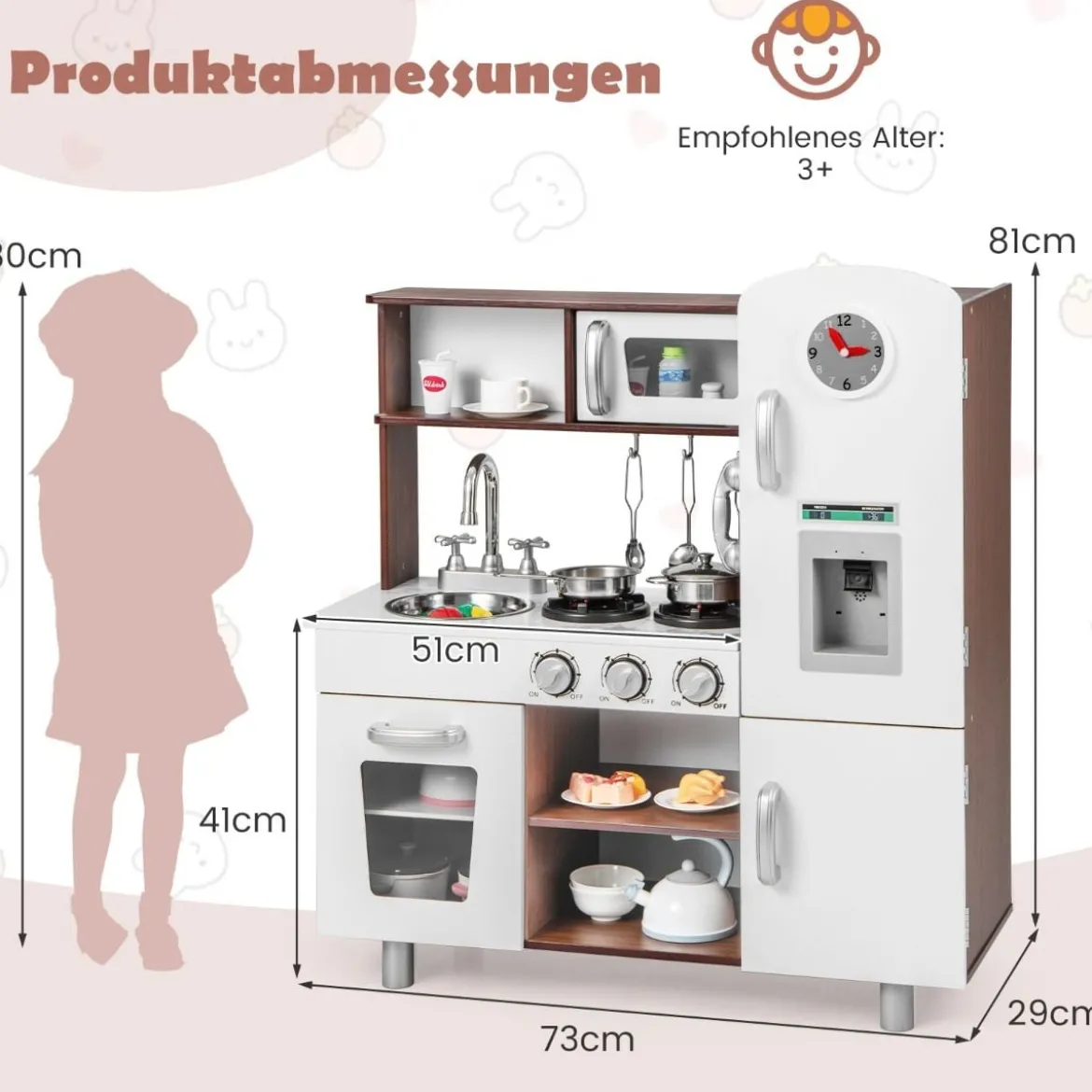 Holz Kinderküche mit Licht & Sound & Herd & Mikrowelle & Ofen & Utensilien Spielküche