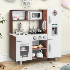 Holz Kinderküche mit Licht & Sound & Herd & Mikrowelle & Ofen & Utensilien Spielküche