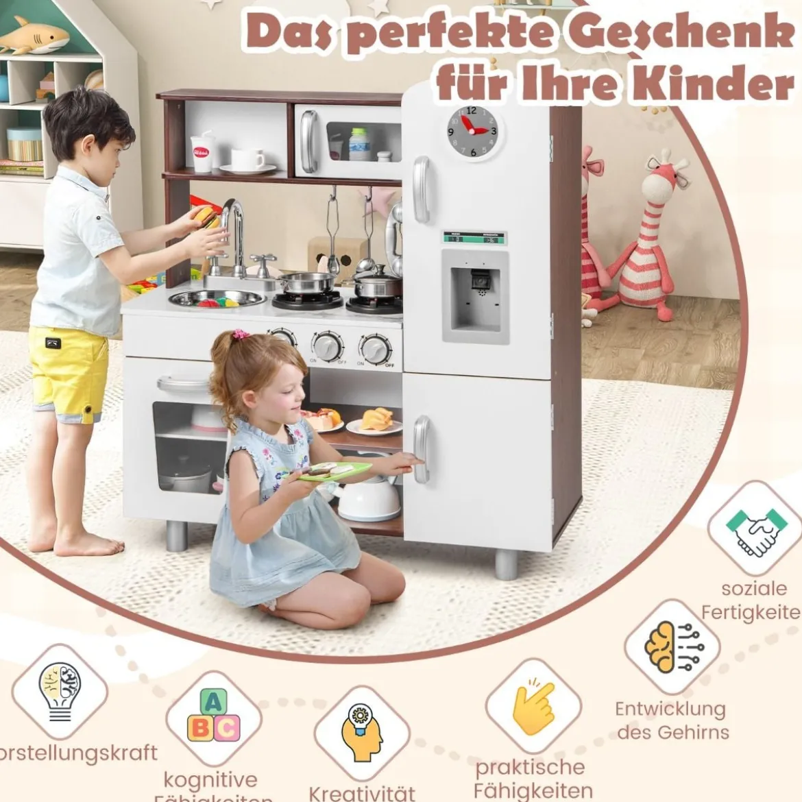 Holz Kinderküche mit Licht & Sound & Herd & Mikrowelle & Ofen & Utensilien Spielküche