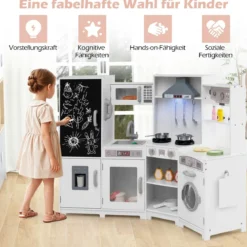 Holz Kinderküche mit Licht & Sound Eck Spielküche mit Tafel & Mikrowell & Spüle Holzküche Weiß