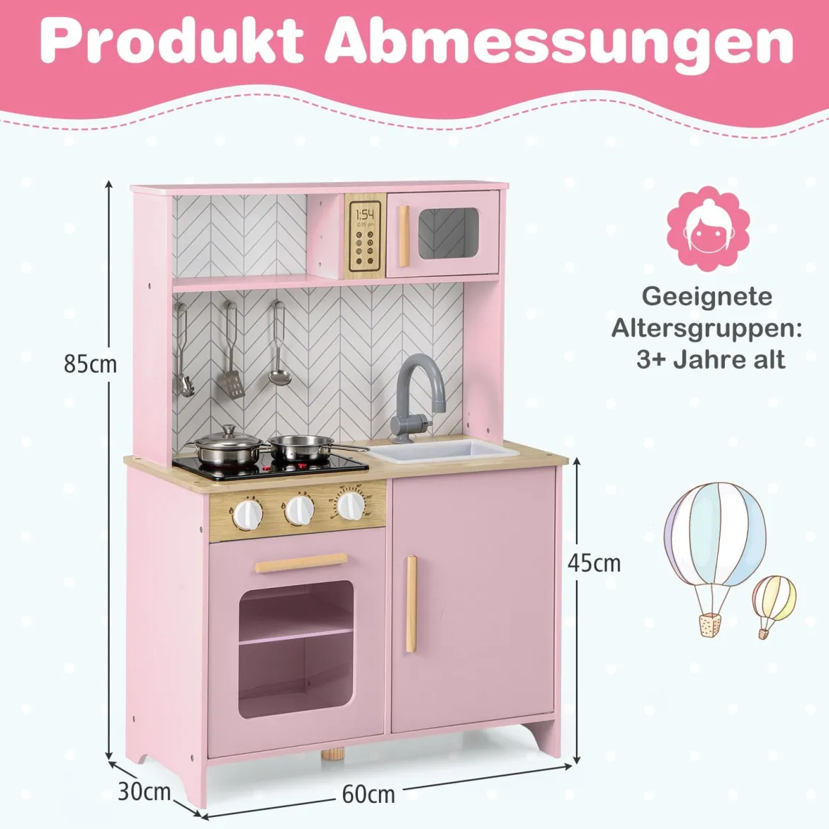 Holz Kinderküche mit Mikrowelle & Herd & Spüle & Backofen Spielküche Kinder Küche Rosa