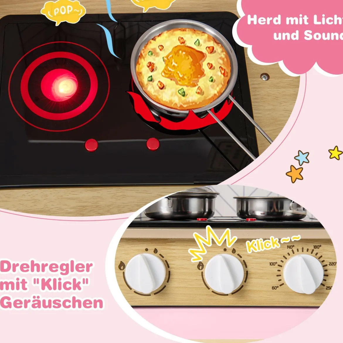 Holz Kinderküche mit Mikrowelle & Herd & Spüle & Backofen Spielküche Kinder Küche Rosa