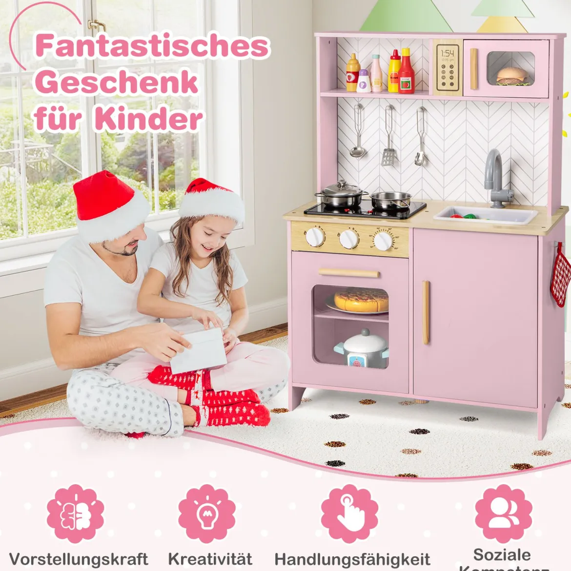 Holz Kinderküche mit Mikrowelle & Herd & Spüle & Backofen Spielküche Kinder Küche Rosa