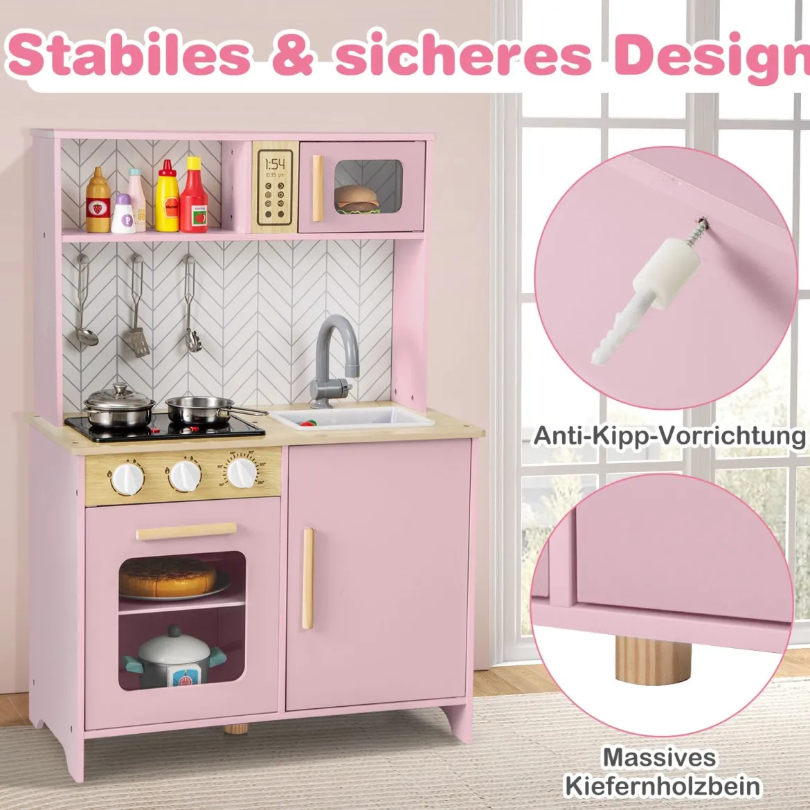 Holz Kinderküche mit Mikrowelle & Herd & Spüle & Backofen Spielküche Kinder Küche Rosa