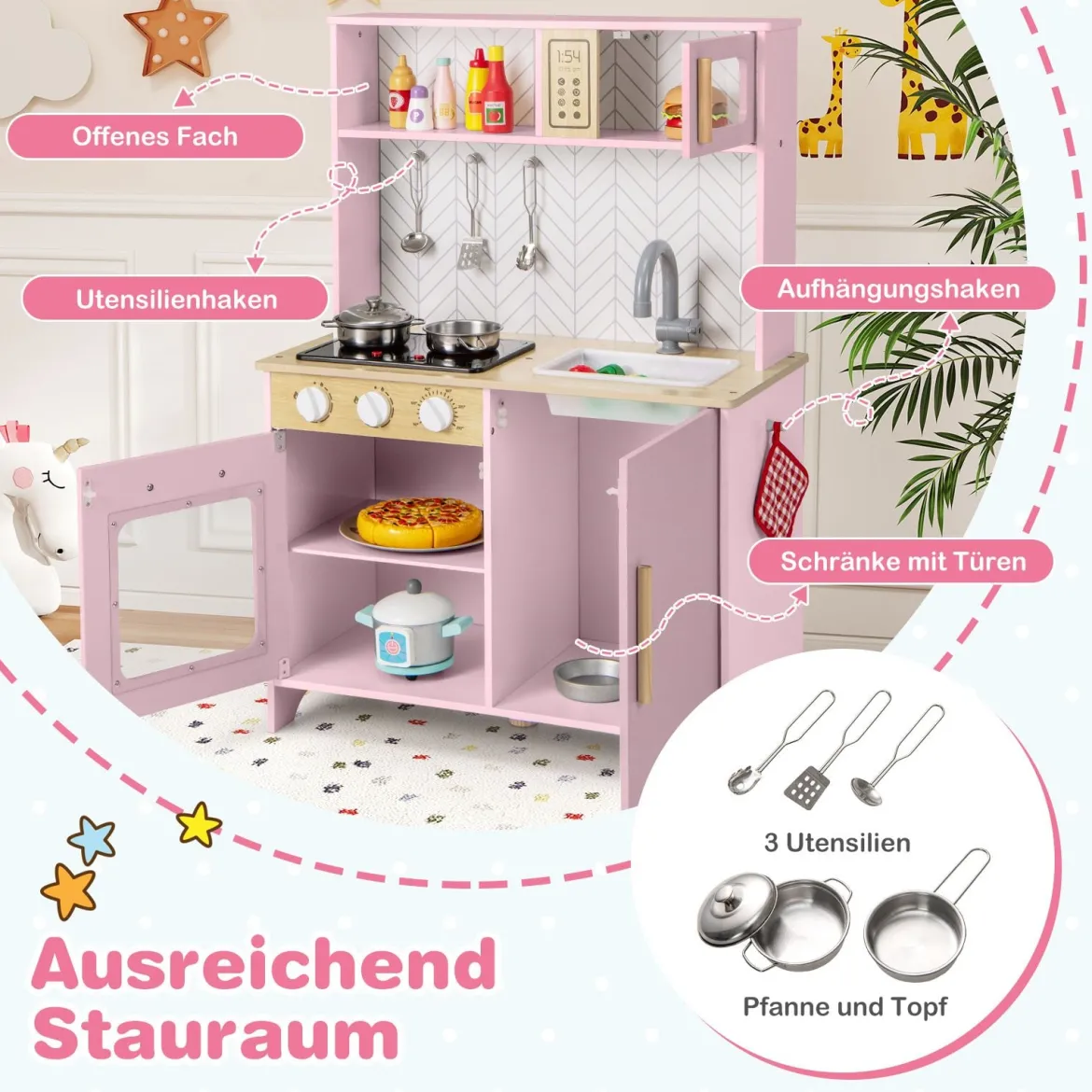 Holz Kinderküche mit Mikrowelle & Herd & Spüle & Backofen Spielküche Kinder Küche Rosa