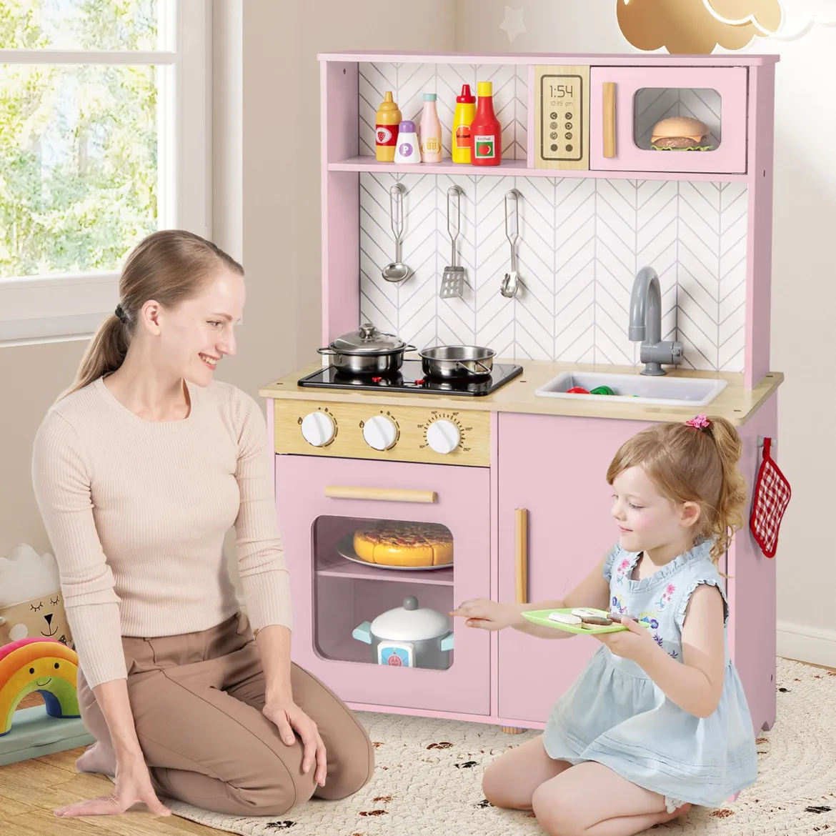 Holz Kinderküche mit Mikrowelle & Herd & Spüle & Backofen Spielküche Kinder Küche Rosa