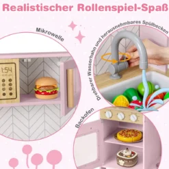 Holz Kinderküche mit Mikrowelle & Herd & Spüle & Backofen Spielküche Kinder Küche Rosa