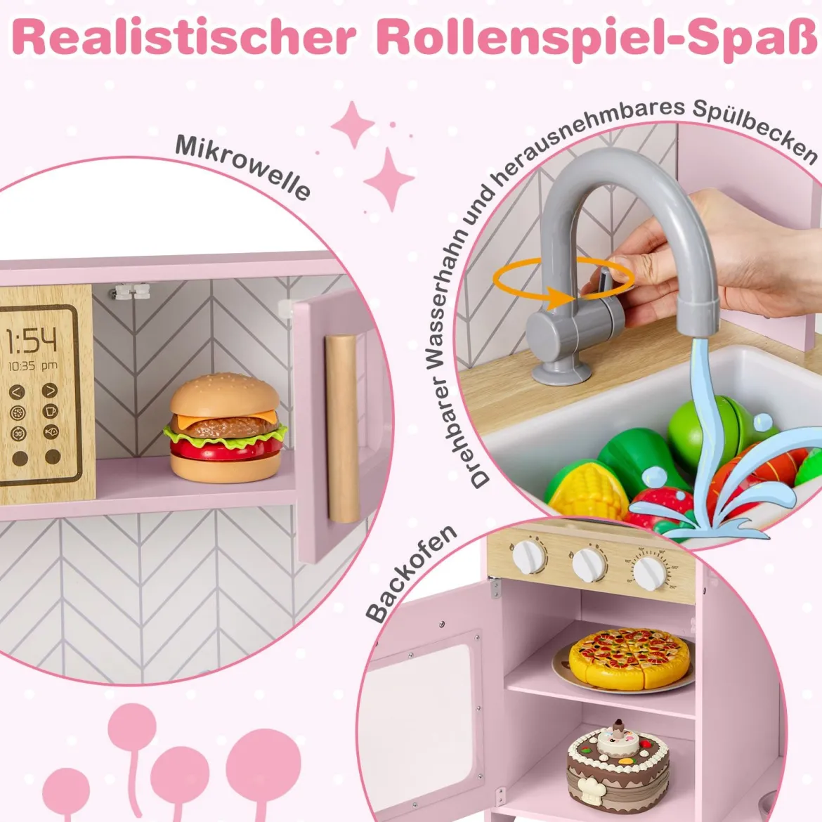 Holz Kinderküche mit Mikrowelle & Herd & Spüle & Backofen Spielküche Kinder Küche Rosa