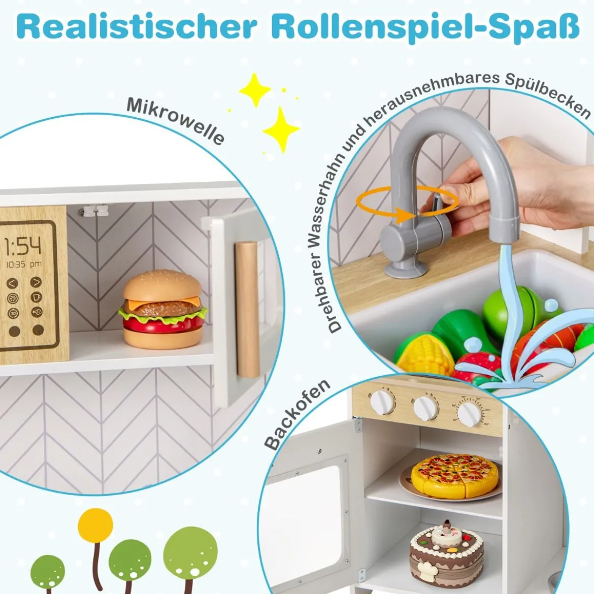 Holz Kinderküche mit Mikrowelle & Herd & Spüle & Backofen Spielküche Kinder Küche Weiß