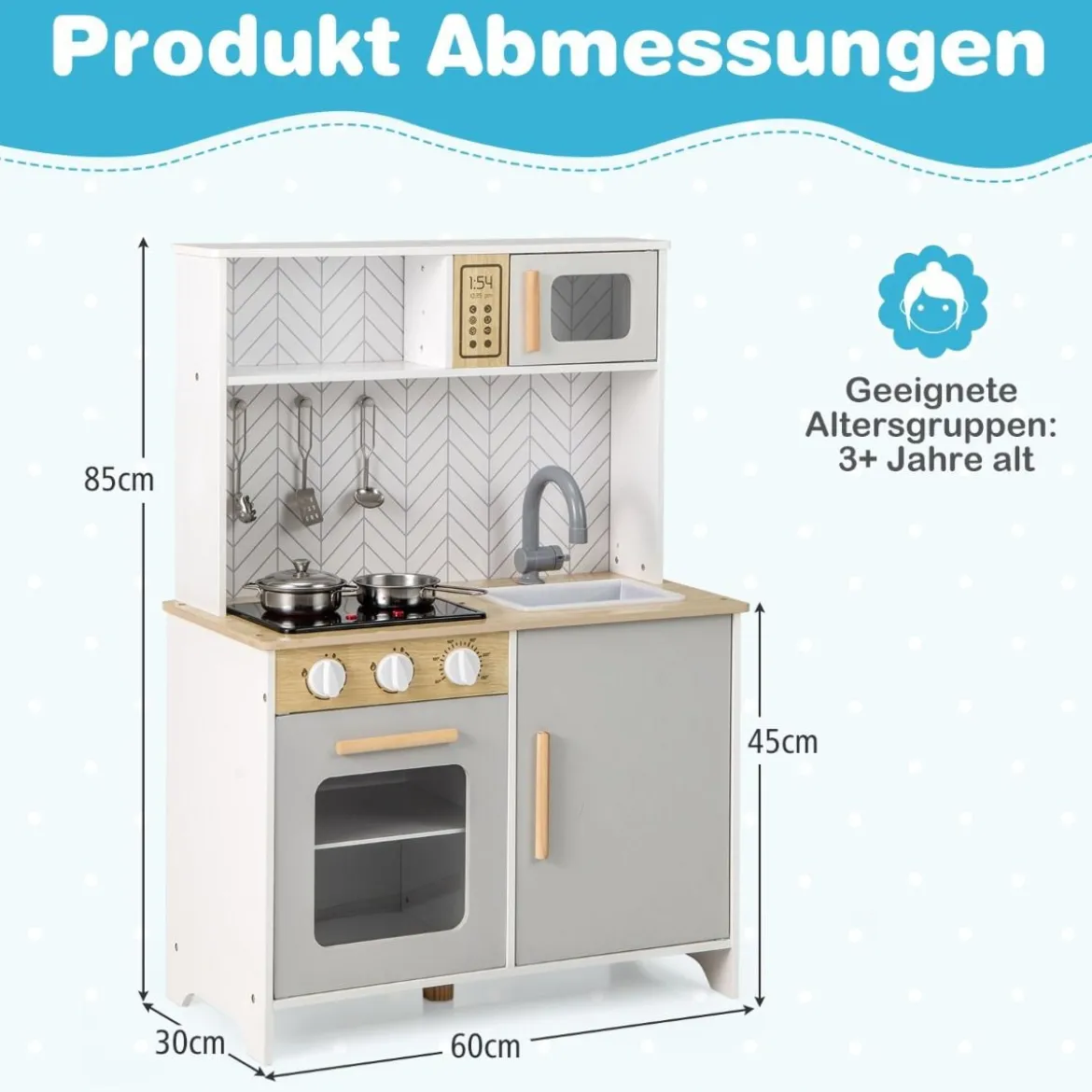 Holz Kinderküche mit Mikrowelle & Herd & Spüle & Backofen Spielküche Kinder Küche Weiß