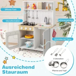 Holz Kinderküche mit Mikrowelle & Herd & Spüle & Backofen Spielküche Kinder Küche Weiß