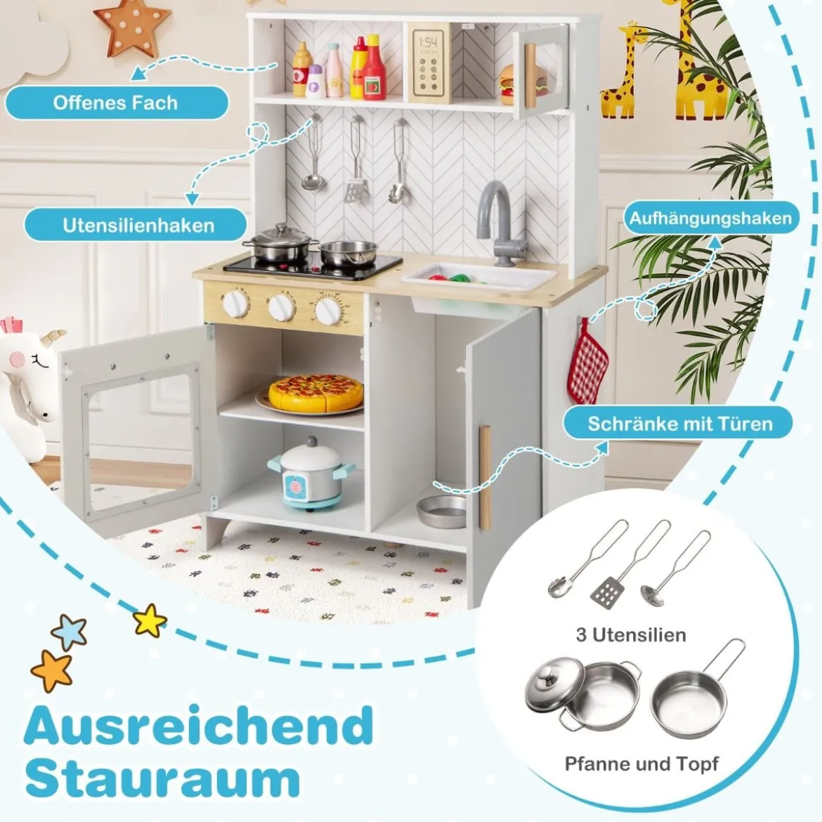 Holz Kinderküche mit Mikrowelle & Herd & Spüle & Backofen Spielküche Kinder Küche Weiß