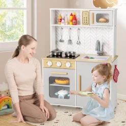 Holz Kinderküche mit Mikrowelle & Herd & Spüle & Backofen Spielküche Kinder Küche Weiß
