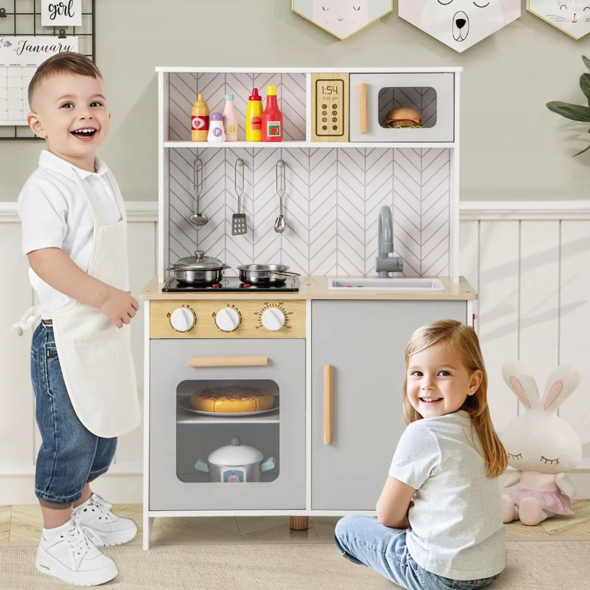 Holz Kinderküche mit Mikrowelle & Herd & Spüle & Backofen Spielküche Kinder Küche Weiß