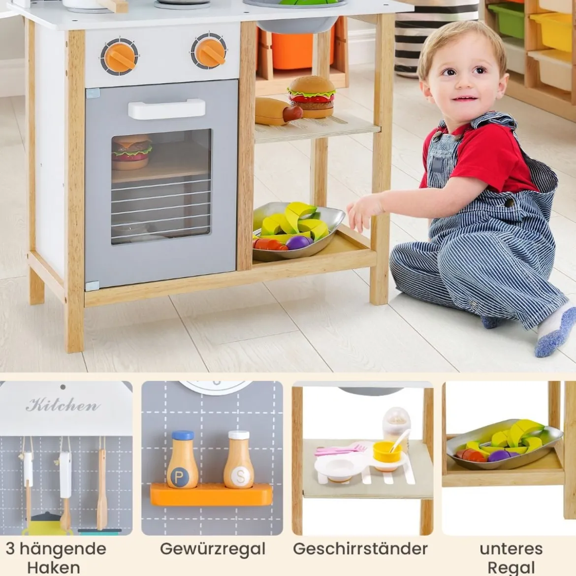 Holz Kinder Spielküchen-Set Spielküchen-Spielzeugset mit Kochgeschirr 57 x 26 x 82 cm
