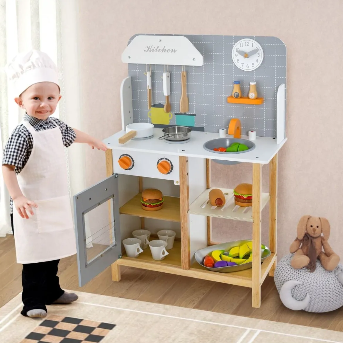 Holz Kinder Spielküchen-Set Spielküchen-Spielzeugset mit Kochgeschirr 57 x 26 x 82 cm