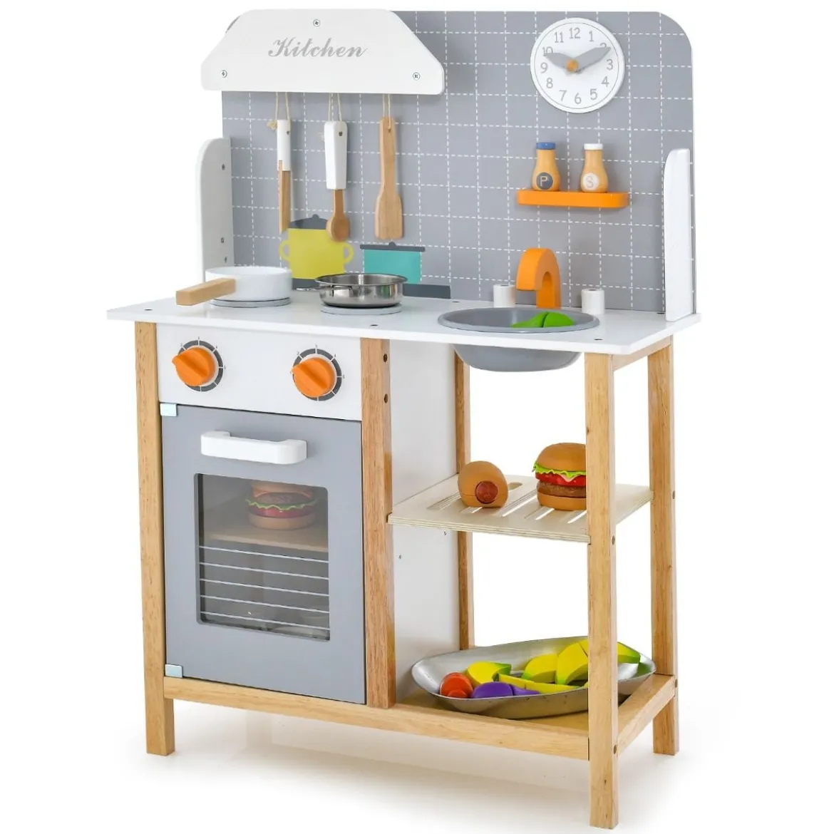 Holz Kinder Spielküchen-Set Spielküchen-Spielzeugset mit Kochgeschirr 57 x 26 x 82 cm