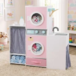 Holz Kinder-Wäsche-Set Spielzeug Waschmaschine mit Waschmittelflasche Bügeleisen Rosa