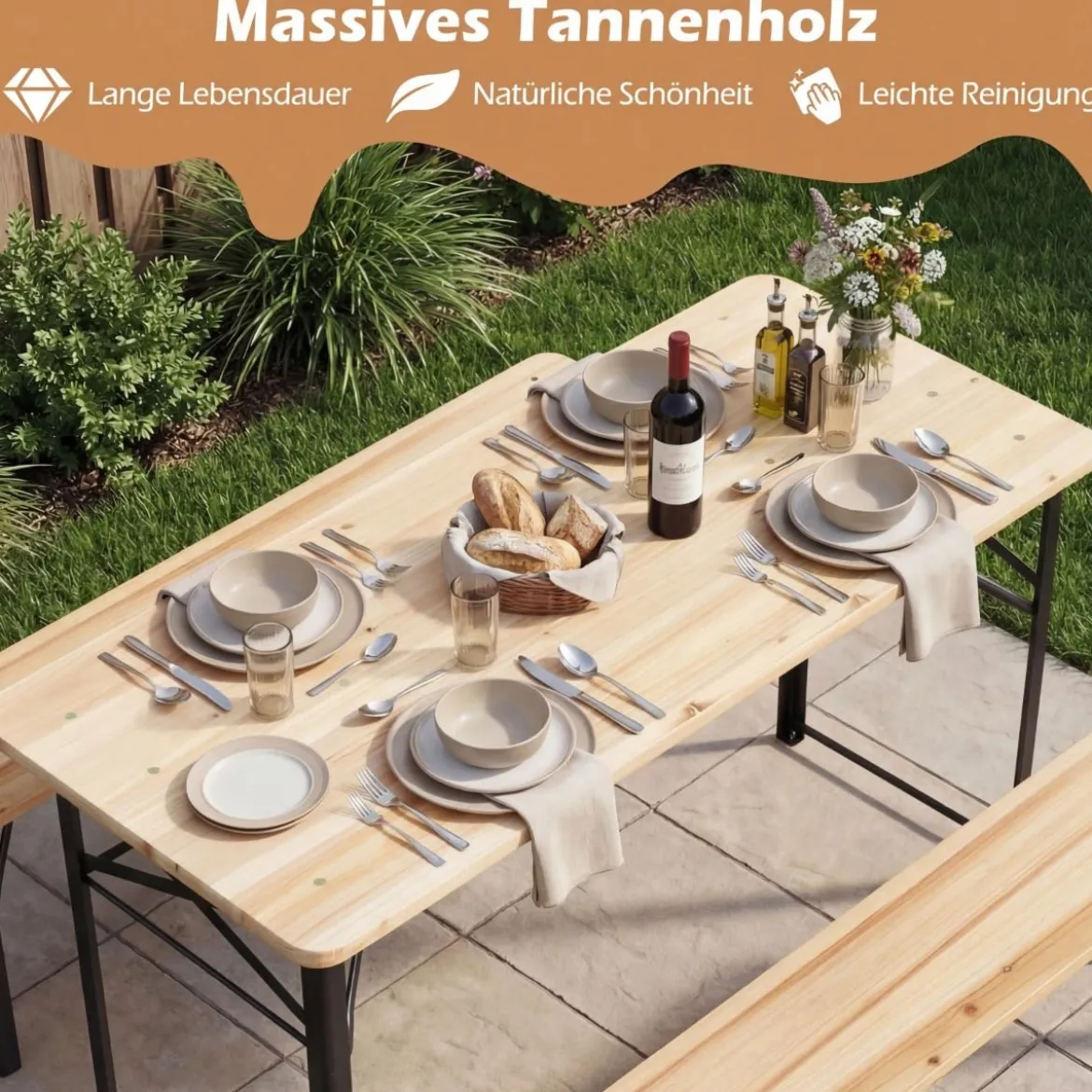 Holz Klappbare Bierzeltgarnitur inkl. 2 Bierbänke & 1 Biertisch 3-teilige Biertischgarnitur 118 cm