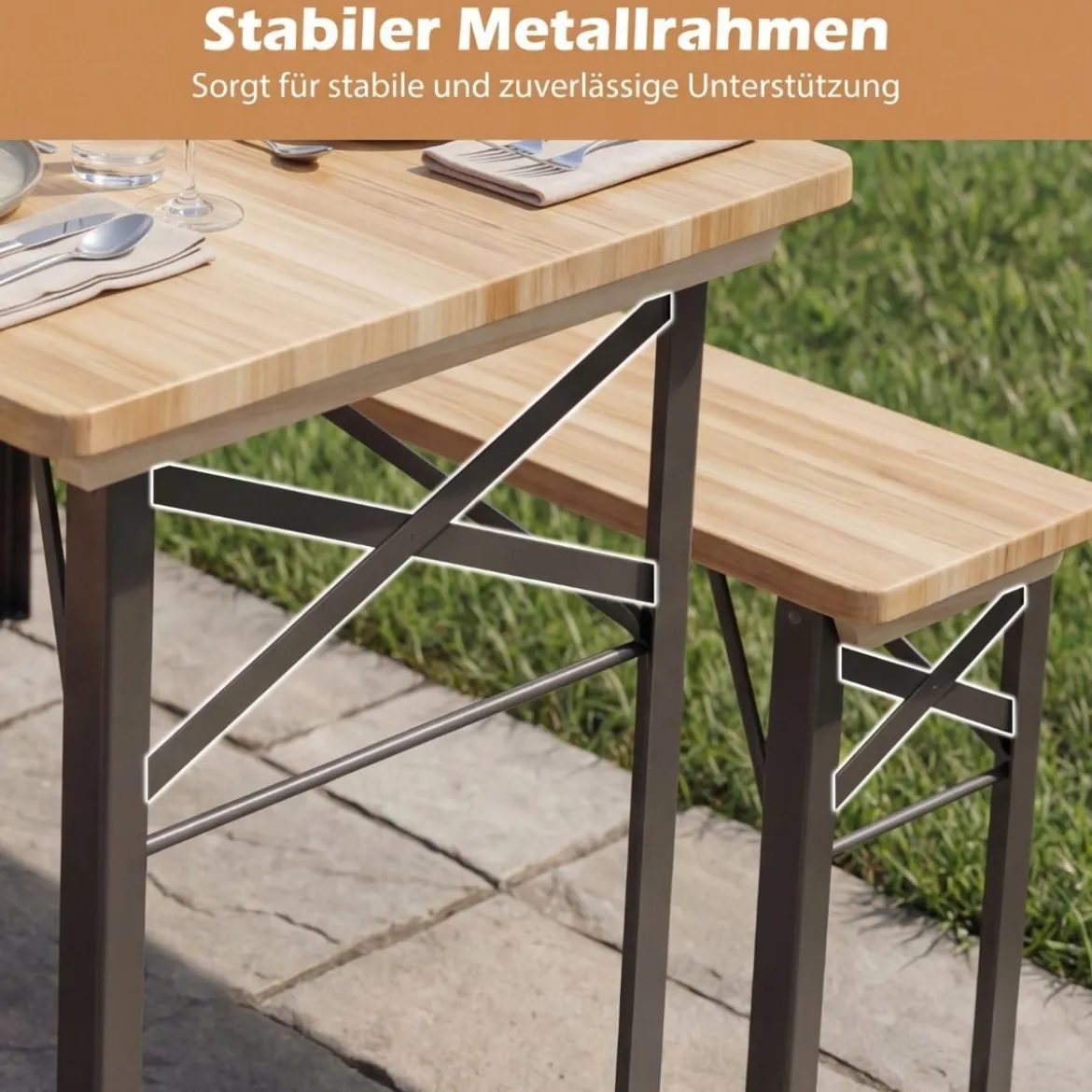 Holz Klappbare Bierzeltgarnitur inkl. 2 Bierbänke & 1 Biertisch 3-teilige Biertischgarnitur 118 cm