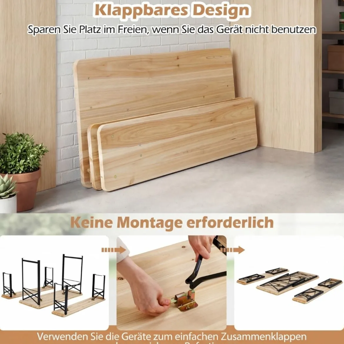 Holz Klappbare Bierzeltgarnitur inkl. 2 Bierbänke & 1 Biertisch 3-teilige Biertischgarnitur 118 cm