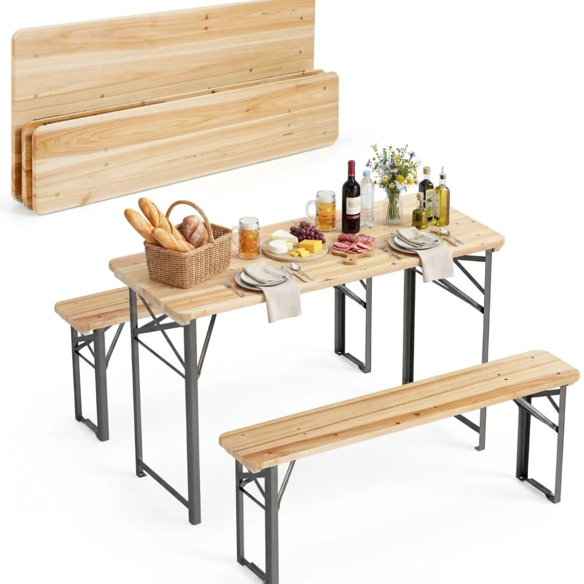 Holz Klappbare Bierzeltgarnitur inkl. 2 Bierbänke & 1 Biertisch 3-teilige Biertischgarnitur 118 cm