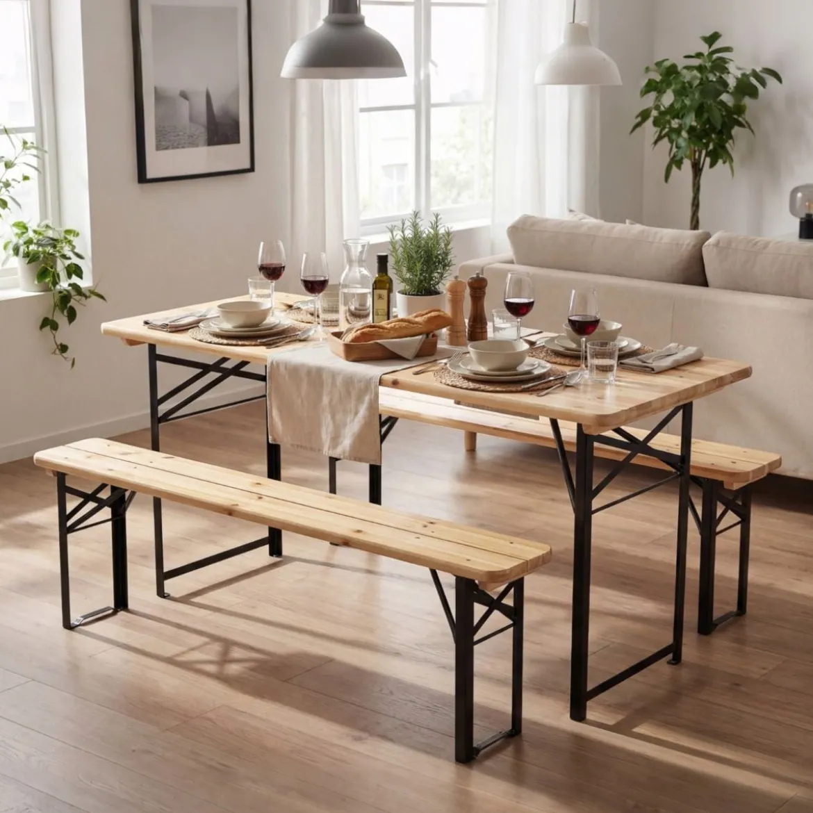 Holz Klappbare Bierzeltgarnitur inkl. 2 Bierbänke & 1 Biertisch 3-teilige Biertischgarnitur 118 cm