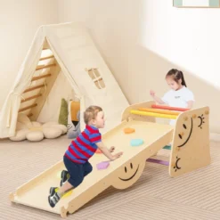 Holzkletterer-Set mit Umkehrbarer Rampe & Wippe & Kletterleiter & Smiley Gesichtsmustern Kletterspielzeug
