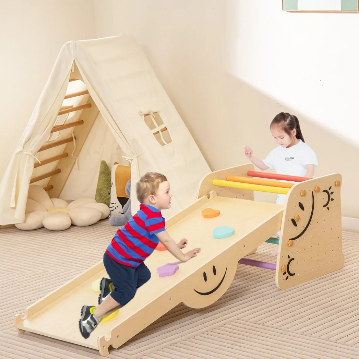 Holzkletterer-Set mit Umkehrbarer Rampe & Wippe & Kletterleiter & Smiley Gesichtsmustern Kletterspielzeug