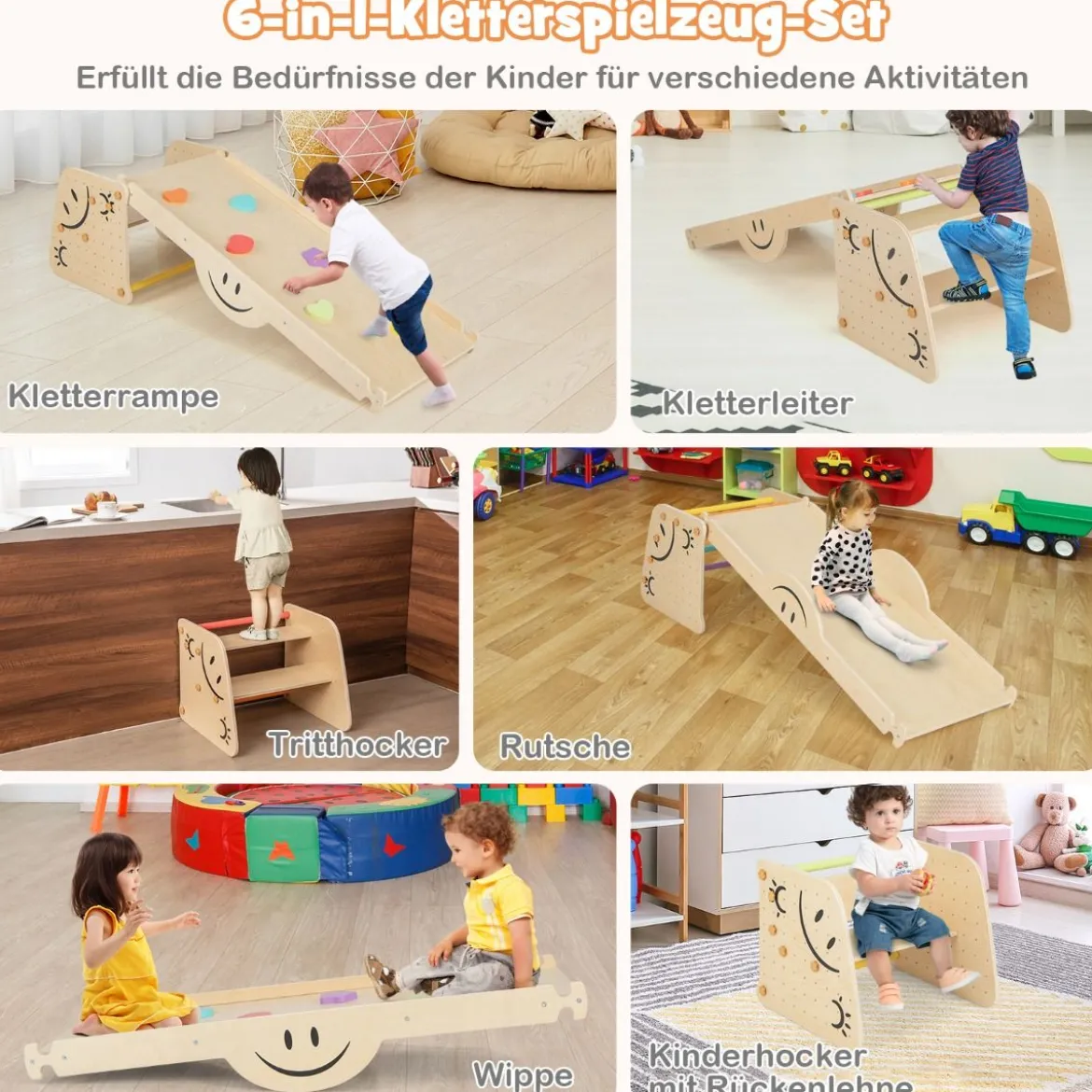Holzkletterer-Set mit Umkehrbarer Rampe & Wippe & Kletterleiter & Smiley Gesichtsmustern Kletterspielzeug