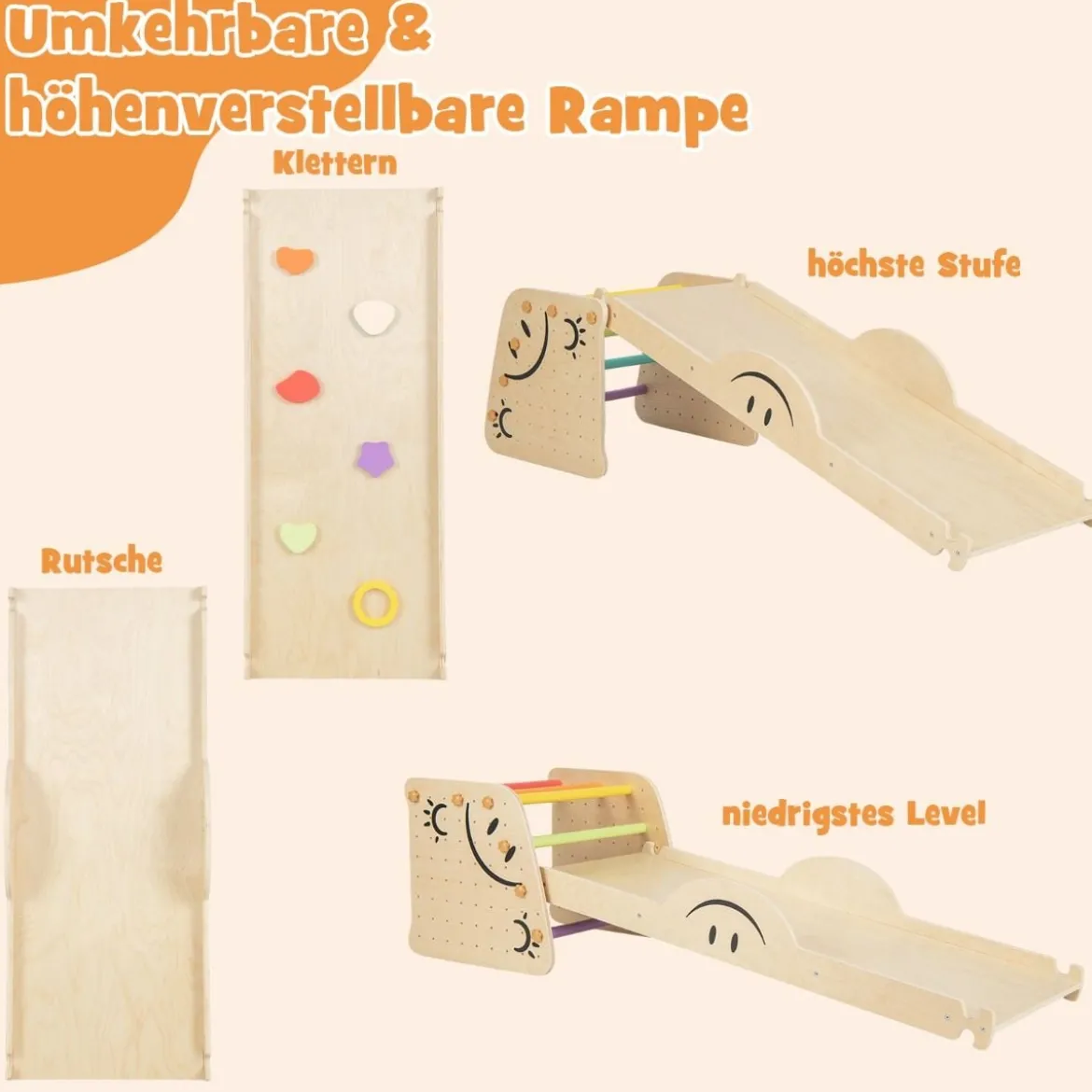 Holzkletterer-Set mit Umkehrbarer Rampe & Wippe & Kletterleiter & Smiley Gesichtsmustern Kletterspielzeug