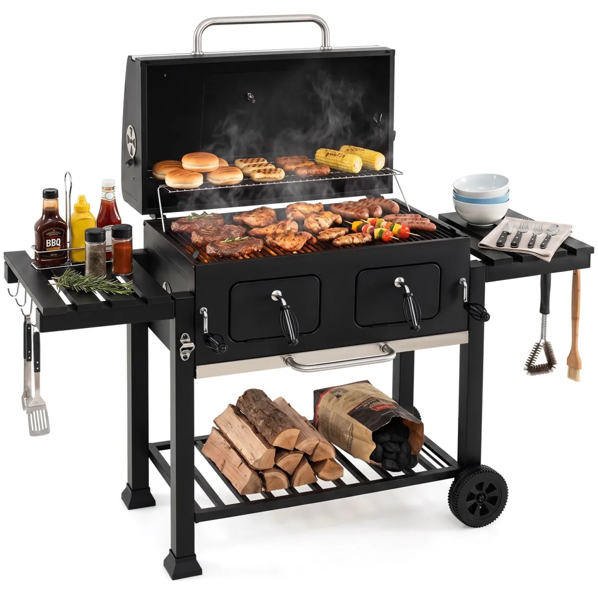 Holzkohlegrill mit Deckel Grillwagen mit Rädern & Abdeckhaube Kugelgrill mit Deckelthermometer