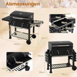 Holzkohlegrill mit Deckel Grillwagen mit Rädern & Abdeckhaube Kugelgrill mit Deckelthermometer