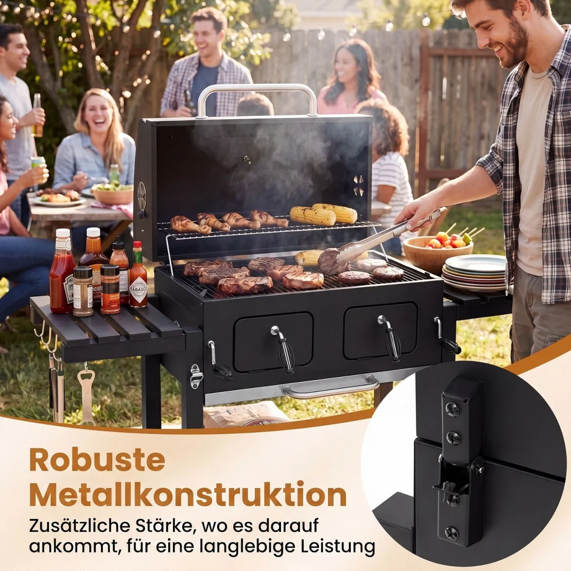 Holzkohlegrill mit Deckel Grillwagen mit Rädern & Abdeckhaube Kugelgrill mit Deckelthermometer
